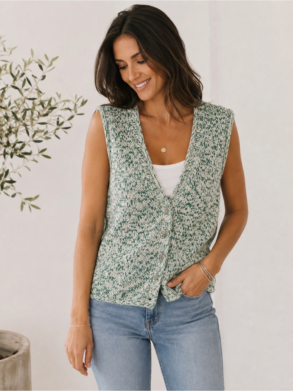 Carole Little knitted in USA Green & White Marled Knit Button Vest L